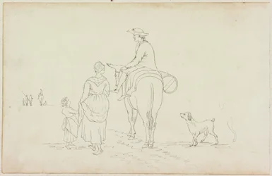 ロバの男、女性、子供、犬（紙に鉛筆（M755で紙に））